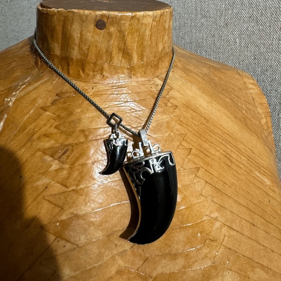 CHRISTIAN DIOR By GALLIANO Enamel Crystal Double Claw Necklace. Black - Picture 2 of 6